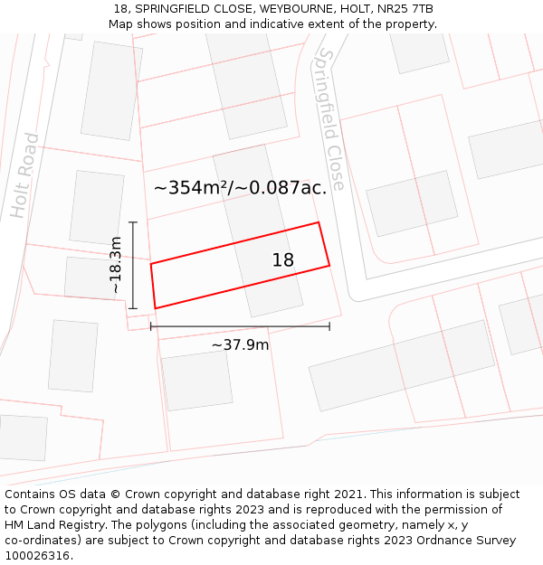 18, SPRINGFIELD CLOSE, WEYBOURNE, HOLT, NR25 7TB: Plot and title map