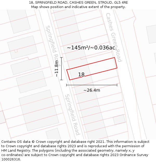 18, SPRINGFIELD ROAD, CASHES GREEN, STROUD, GL5 4RE: Plot and title map