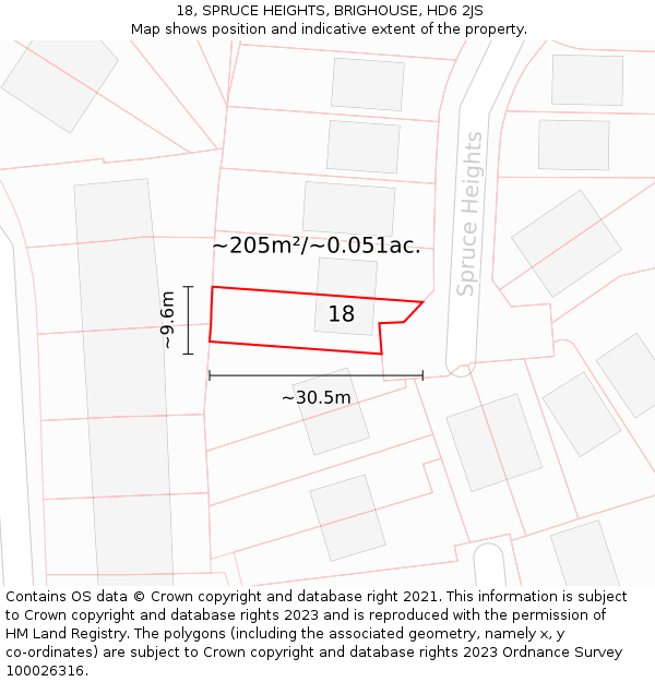 18, SPRUCE HEIGHTS, BRIGHOUSE, HD6 2JS: Plot and title map