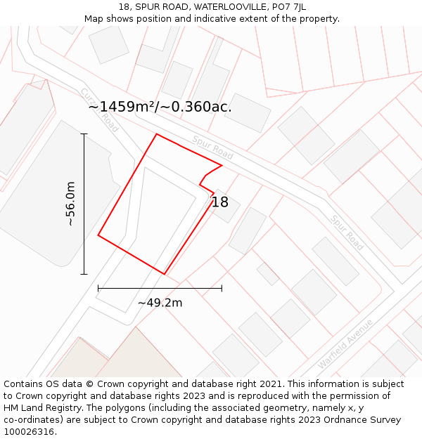 18, SPUR ROAD, WATERLOOVILLE, PO7 7JL: Plot and title map