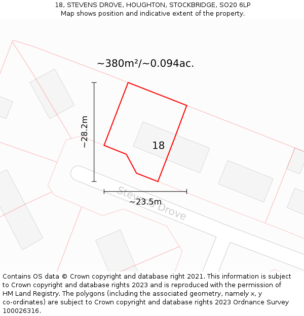 18, STEVENS DROVE, HOUGHTON, STOCKBRIDGE, SO20 6LP: Plot and title map