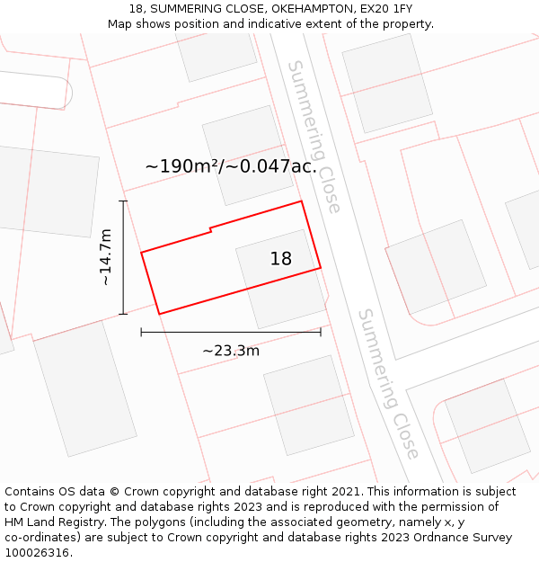 18, SUMMERING CLOSE, OKEHAMPTON, EX20 1FY: Plot and title map