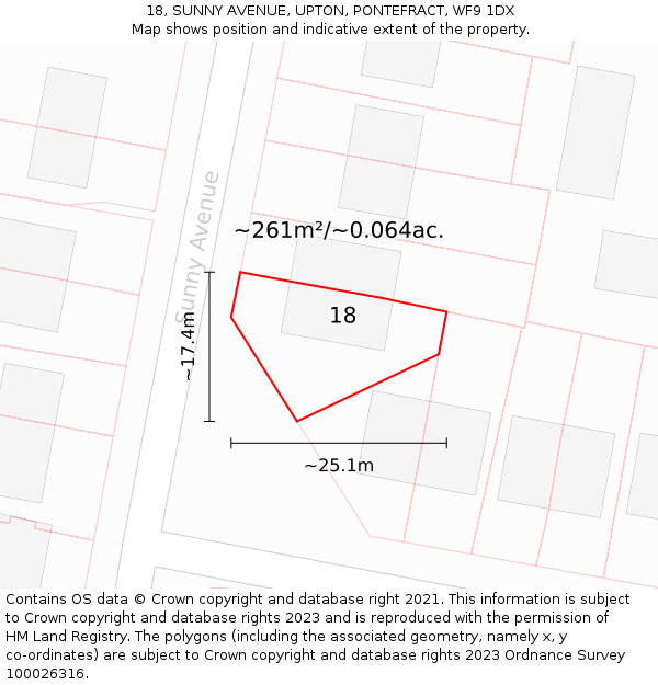 18, SUNNY AVENUE, UPTON, PONTEFRACT, WF9 1DX: Plot and title map