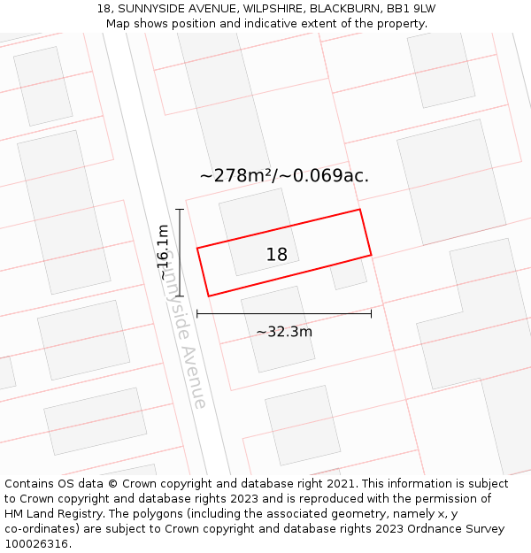 18, SUNNYSIDE AVENUE, WILPSHIRE, BLACKBURN, BB1 9LW: Plot and title map