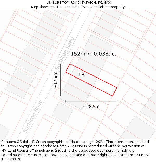 18, SURBITON ROAD, IPSWICH, IP1 4AX: Plot and title map