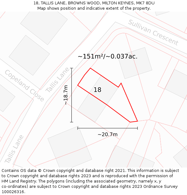 18, TALLIS LANE, BROWNS WOOD, MILTON KEYNES, MK7 8DU: Plot and title map