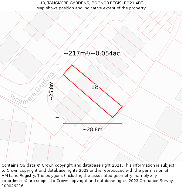 18, TANGMERE GARDENS, BOGNOR REGIS, PO21 4BE: Plot and title map