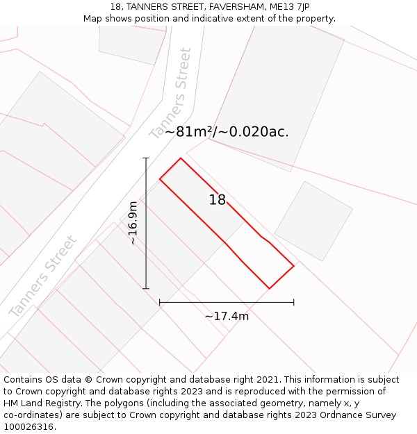 18, TANNERS STREET, FAVERSHAM, ME13 7JP: Plot and title map