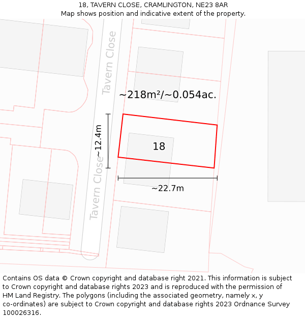 18, TAVERN CLOSE, CRAMLINGTON, NE23 8AR: Plot and title map