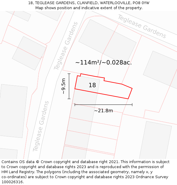 18, TEGLEASE GARDENS, CLANFIELD, WATERLOOVILLE, PO8 0YW: Plot and title map