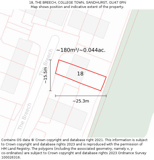 18, THE BREECH, COLLEGE TOWN, SANDHURST, GU47 0PN: Plot and title map