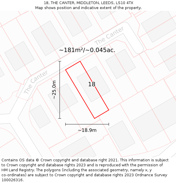 18, THE CANTER, MIDDLETON, LEEDS, LS10 4TX: Plot and title map