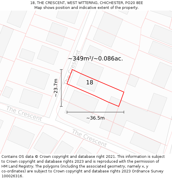 18, THE CRESCENT, WEST WITTERING, CHICHESTER, PO20 8EE: Plot and title map