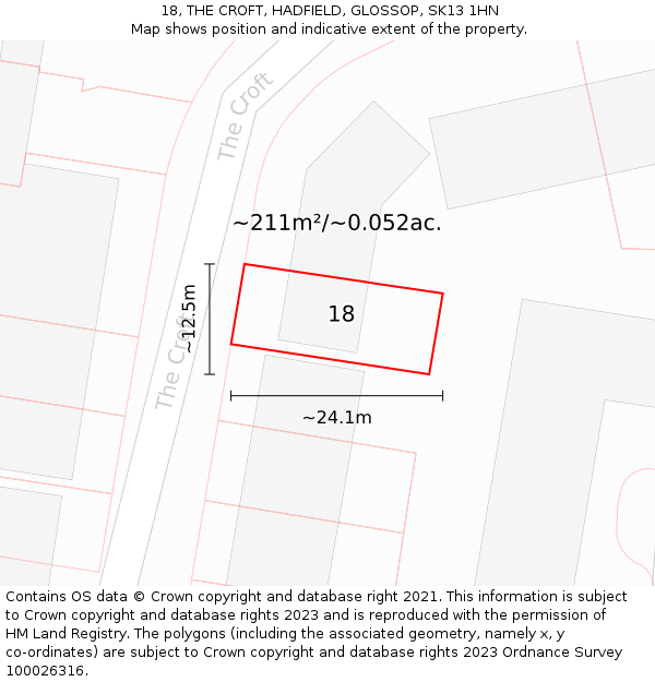 18, THE CROFT, HADFIELD, GLOSSOP, SK13 1HN: Plot and title map