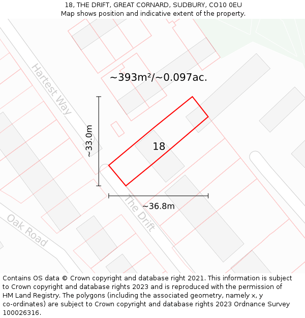 18, THE DRIFT, GREAT CORNARD, SUDBURY, CO10 0EU: Plot and title map