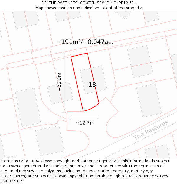 18, THE PASTURES, COWBIT, SPALDING, PE12 6FL: Plot and title map