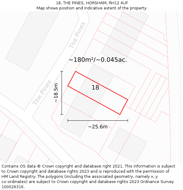 18, THE PINES, HORSHAM, RH12 4UF: Plot and title map