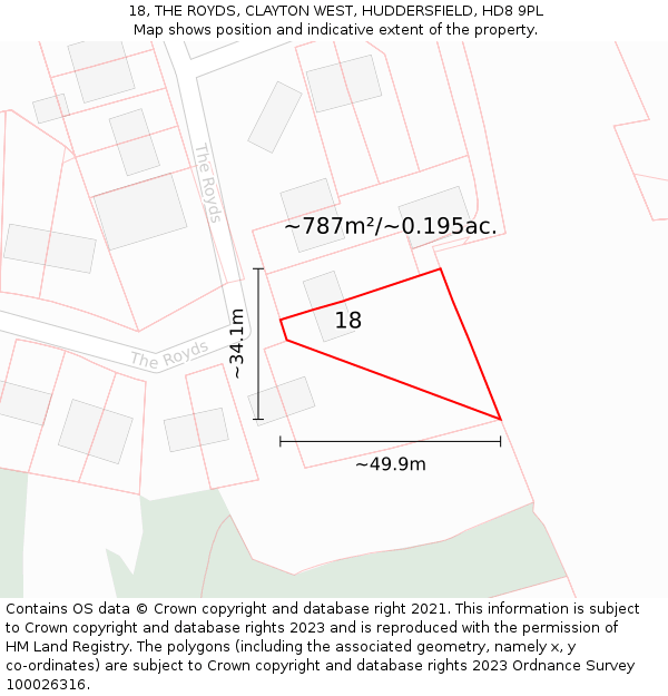 18, THE ROYDS, CLAYTON WEST, HUDDERSFIELD, HD8 9PL: Plot and title map