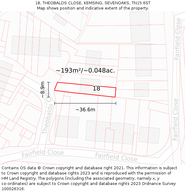 18, THEOBALDS CLOSE, KEMSING, SEVENOAKS, TN15 6ST: Plot and title map