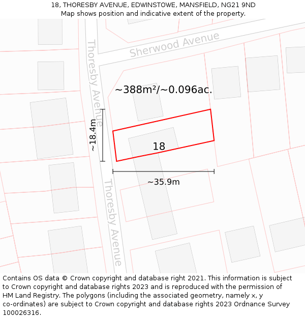 18, THORESBY AVENUE, EDWINSTOWE, MANSFIELD, NG21 9ND: Plot and title map