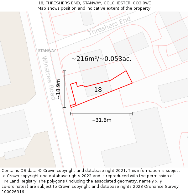 18, THRESHERS END, STANWAY, COLCHESTER, CO3 0WE: Plot and title map