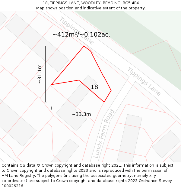 18, TIPPINGS LANE, WOODLEY, READING, RG5 4RX: Plot and title map