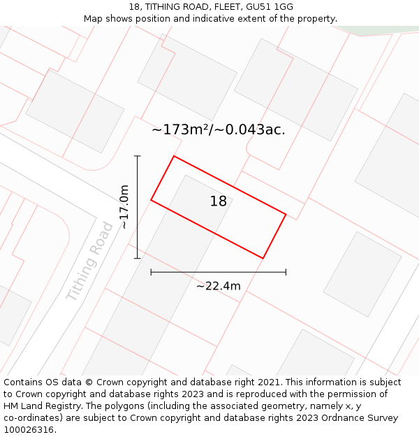 18, TITHING ROAD, FLEET, GU51 1GG: Plot and title map