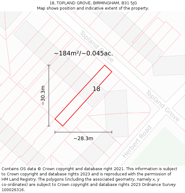 18, TOPLAND GROVE, BIRMINGHAM, B31 5JG: Plot and title map