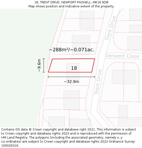 18, TRENT DRIVE, NEWPORT PAGNELL, MK16 9DB: Plot and title map