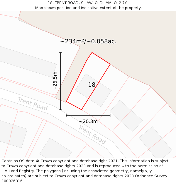 18, TRENT ROAD, SHAW, OLDHAM, OL2 7YL: Plot and title map