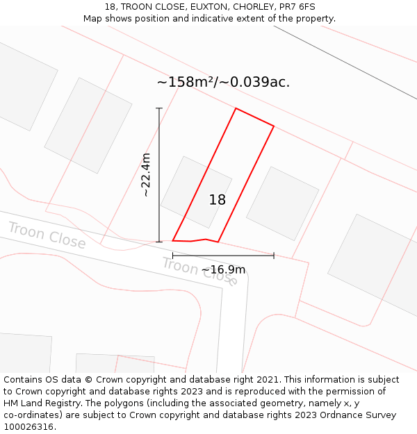 18, TROON CLOSE, EUXTON, CHORLEY, PR7 6FS: Plot and title map