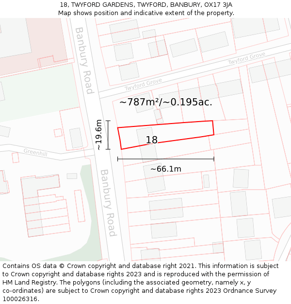 18, TWYFORD GARDENS, TWYFORD, BANBURY, OX17 3JA: Plot and title map