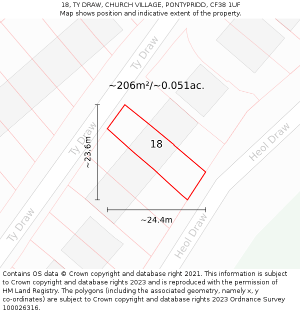 18, TY DRAW, CHURCH VILLAGE, PONTYPRIDD, CF38 1UF: Plot and title map