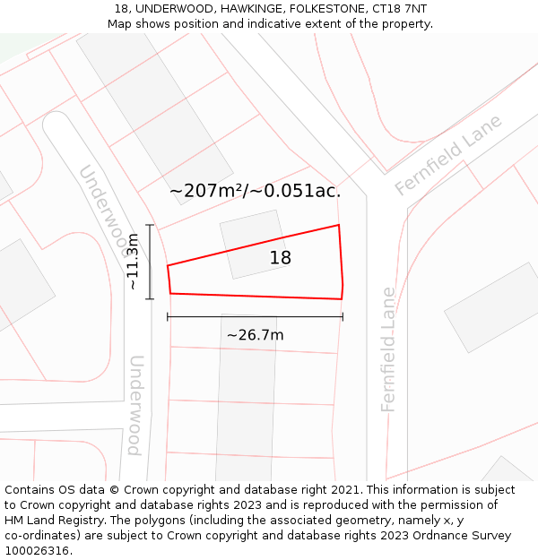 18, UNDERWOOD, HAWKINGE, FOLKESTONE, CT18 7NT: Plot and title map