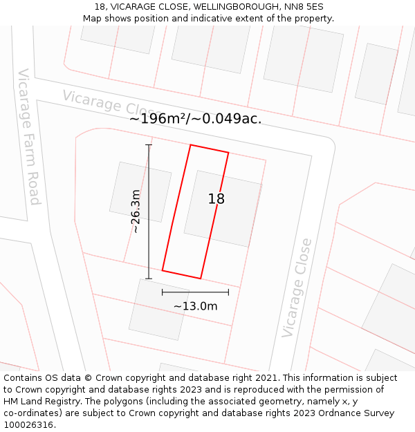 18, VICARAGE CLOSE, WELLINGBOROUGH, NN8 5ES: Plot and title map