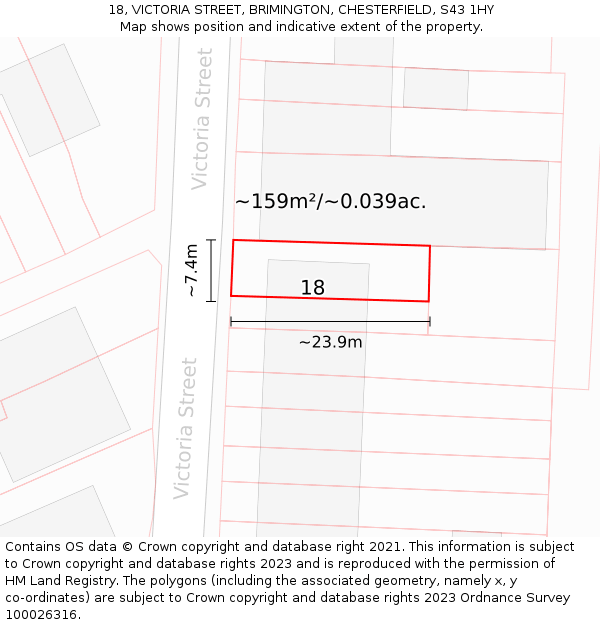 18, VICTORIA STREET, BRIMINGTON, CHESTERFIELD, S43 1HY: Plot and title map