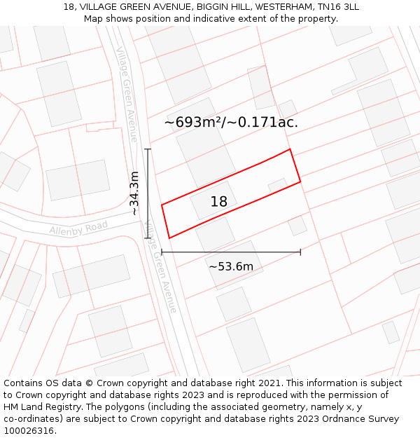 18, VILLAGE GREEN AVENUE, BIGGIN HILL, WESTERHAM, TN16 3LL: Plot and title map