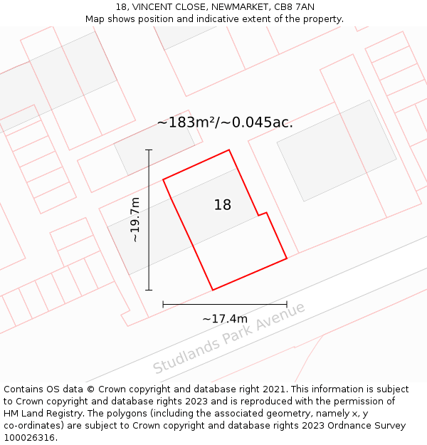 18, VINCENT CLOSE, NEWMARKET, CB8 7AN: Plot and title map