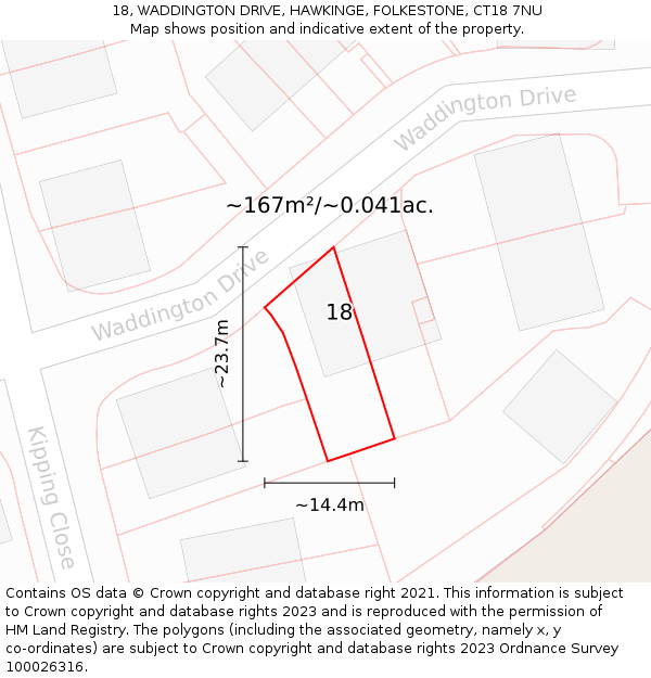 18, WADDINGTON DRIVE, HAWKINGE, FOLKESTONE, CT18 7NU: Plot and title map