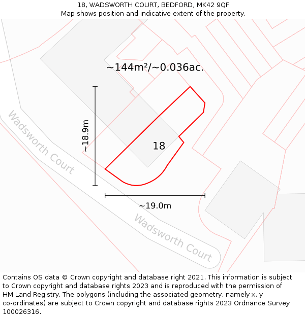 18, WADSWORTH COURT, BEDFORD, MK42 9QF: Plot and title map