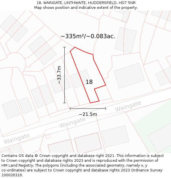 18, WAINGATE, LINTHWAITE, HUDDERSFIELD, HD7 5NR: Plot and title map