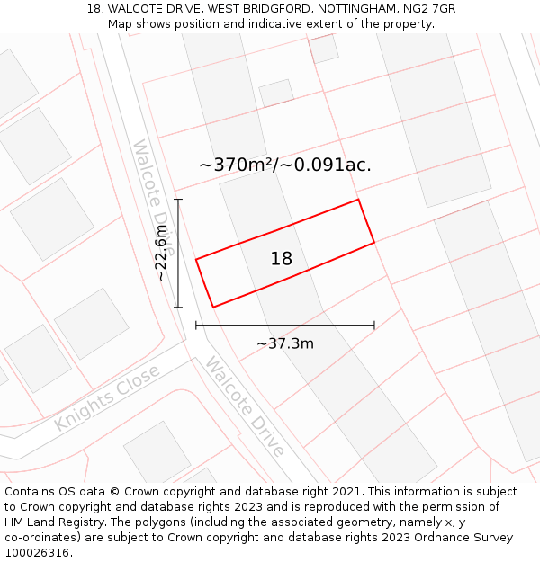 18, WALCOTE DRIVE, WEST BRIDGFORD, NOTTINGHAM, NG2 7GR: Plot and title map