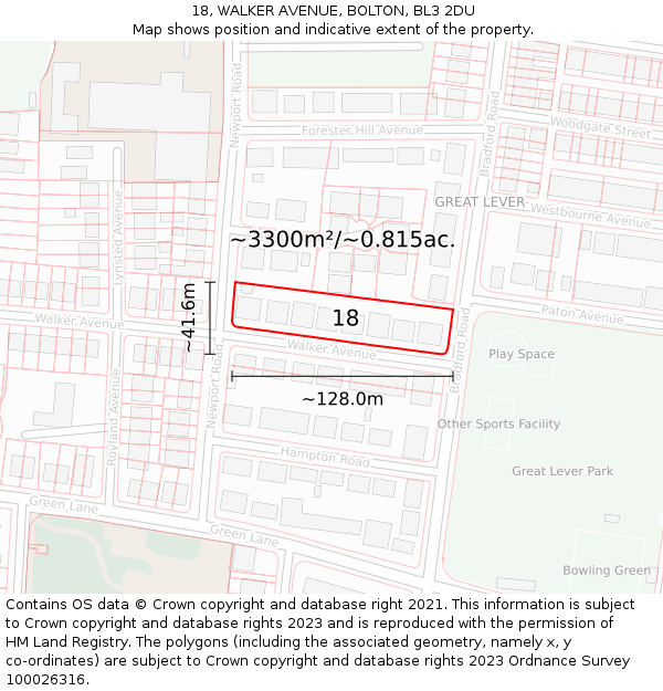 18, WALKER AVENUE, BOLTON, BL3 2DU: Plot and title map