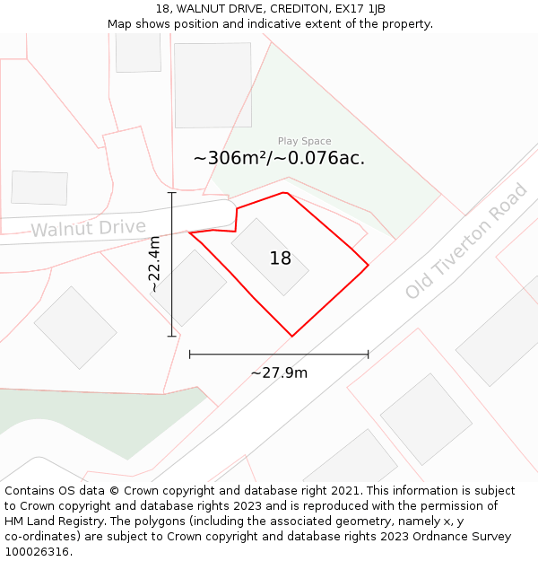 18, WALNUT DRIVE, CREDITON, EX17 1JB: Plot and title map