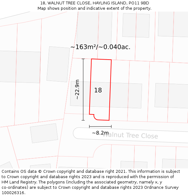 18, WALNUT TREE CLOSE, HAYLING ISLAND, PO11 9BD: Plot and title map