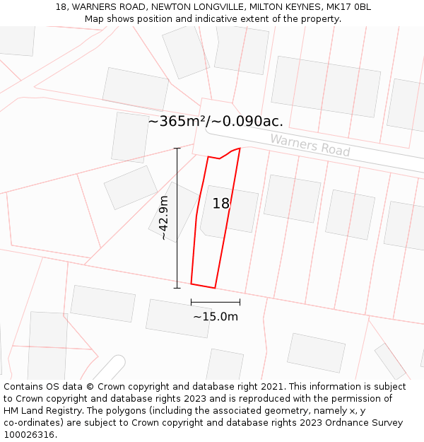 18, WARNERS ROAD, NEWTON LONGVILLE, MILTON KEYNES, MK17 0BL: Plot and title map