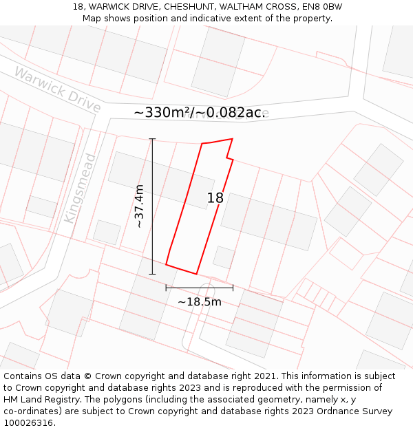 18, WARWICK DRIVE, CHESHUNT, WALTHAM CROSS, EN8 0BW: Plot and title map