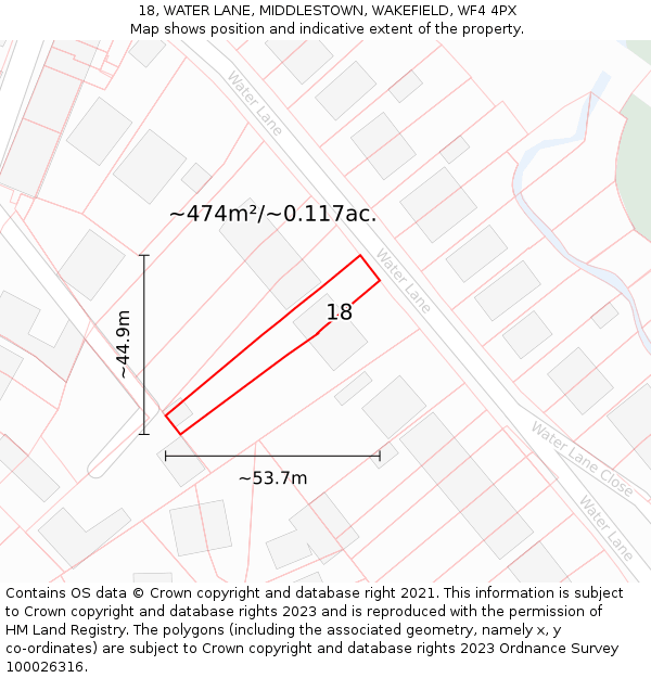18, WATER LANE, MIDDLESTOWN, WAKEFIELD, WF4 4PX: Plot and title map