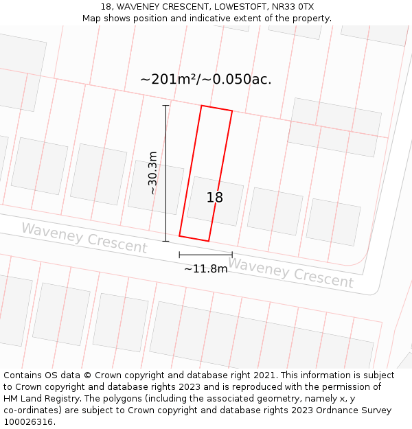 18, WAVENEY CRESCENT, LOWESTOFT, NR33 0TX: Plot and title map