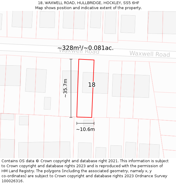 18, WAXWELL ROAD, HULLBRIDGE, HOCKLEY, SS5 6HF: Plot and title map